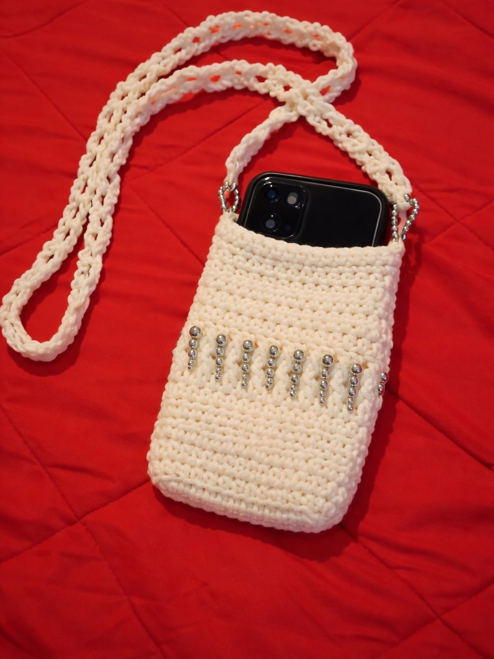 Handmade Cream Crochet Crossbody Phone Bag with Beaded Detail